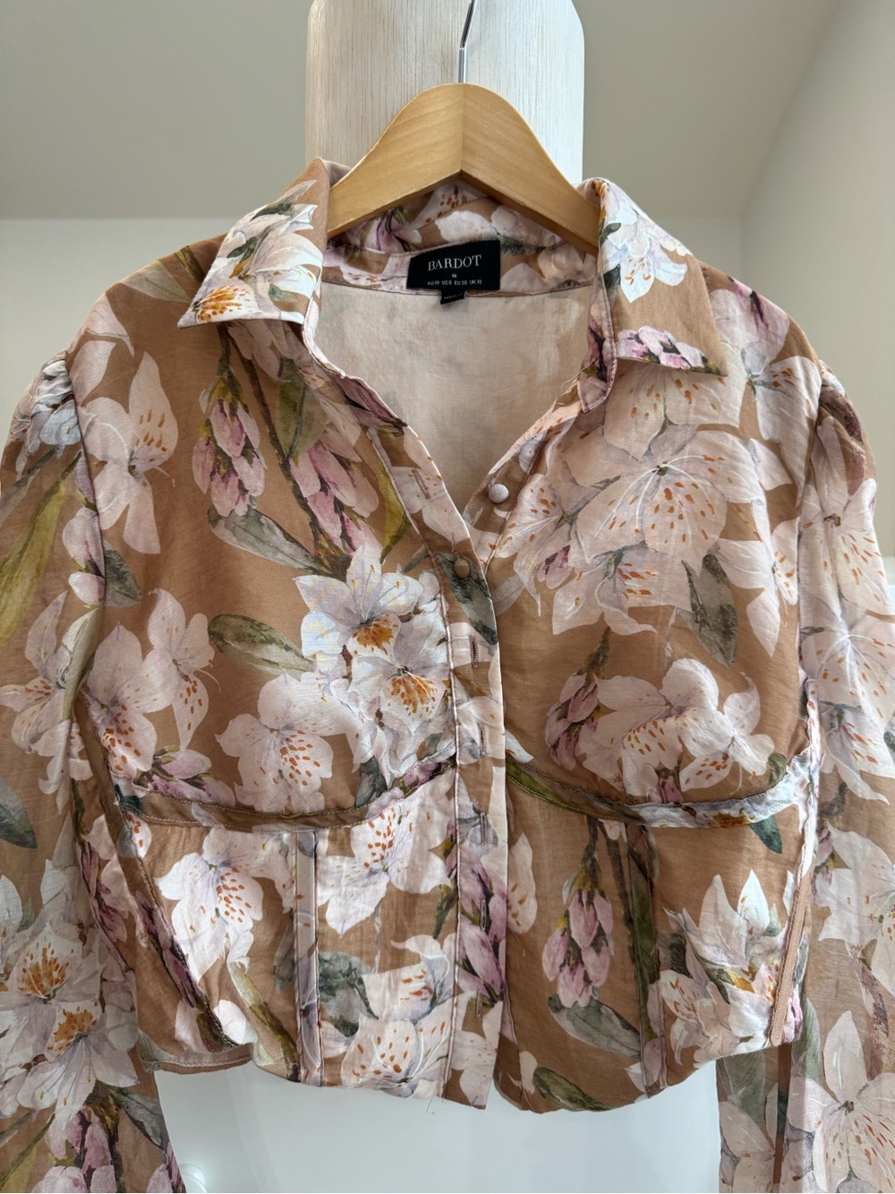 Bardot Sheer Floral Puff-Sleeve Blouse in Pink and Brown - Picture 13 of 15